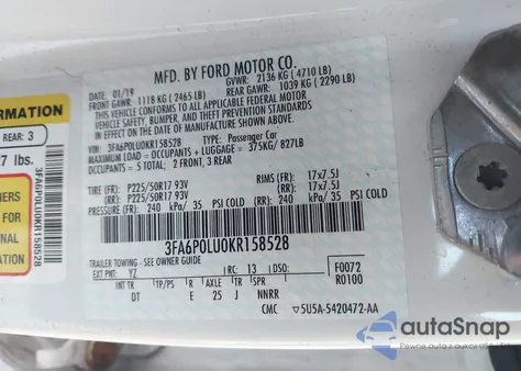 2019 Ford Fusion Hybrid Se из США, поврежденный, VIN 3FA6P0LU0KR158528